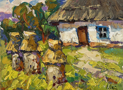 Oil painting Quiet summer morning by Oksana Ivanyuk: rustic white thatched house