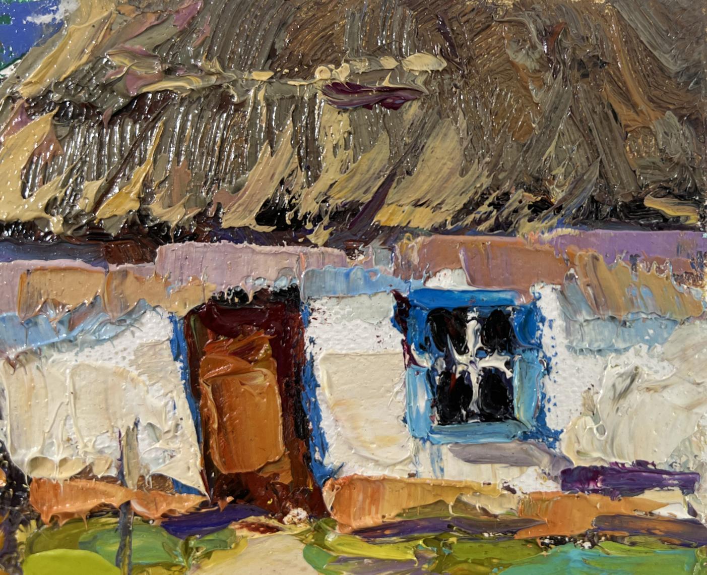 Oil painting of Oksana Ivanyuk Quiet summer morning thatched cottage