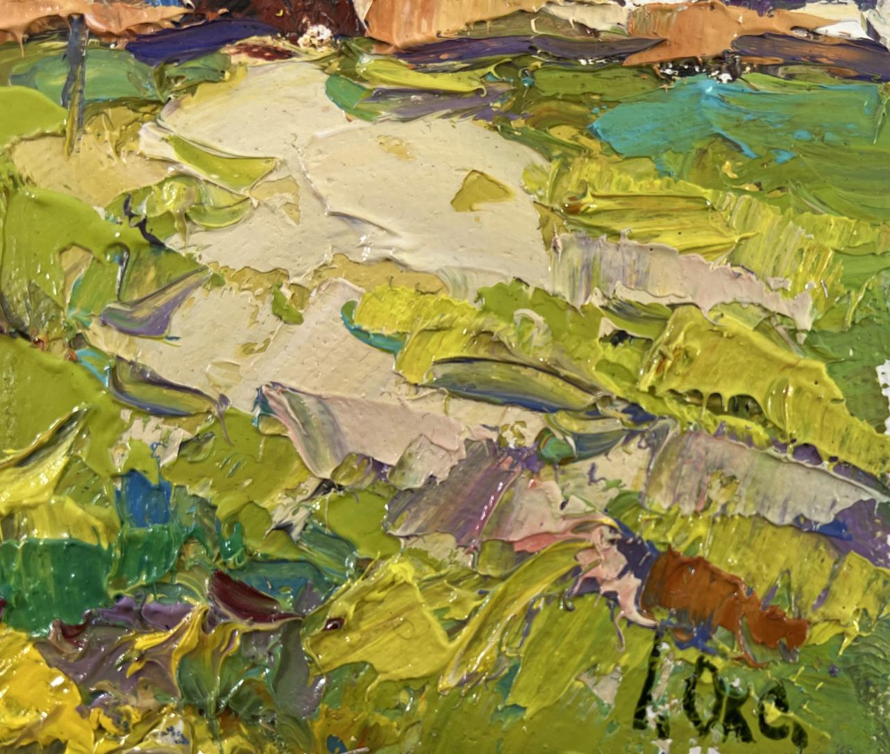 Oil painting Quiet summer morning by Oksana Ivanyuk, vibrant green yellow purple impasto
