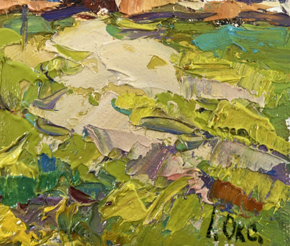 Oil painting Quiet summer morning by Oksana Ivanyuk, vibrant green yellow purple impasto