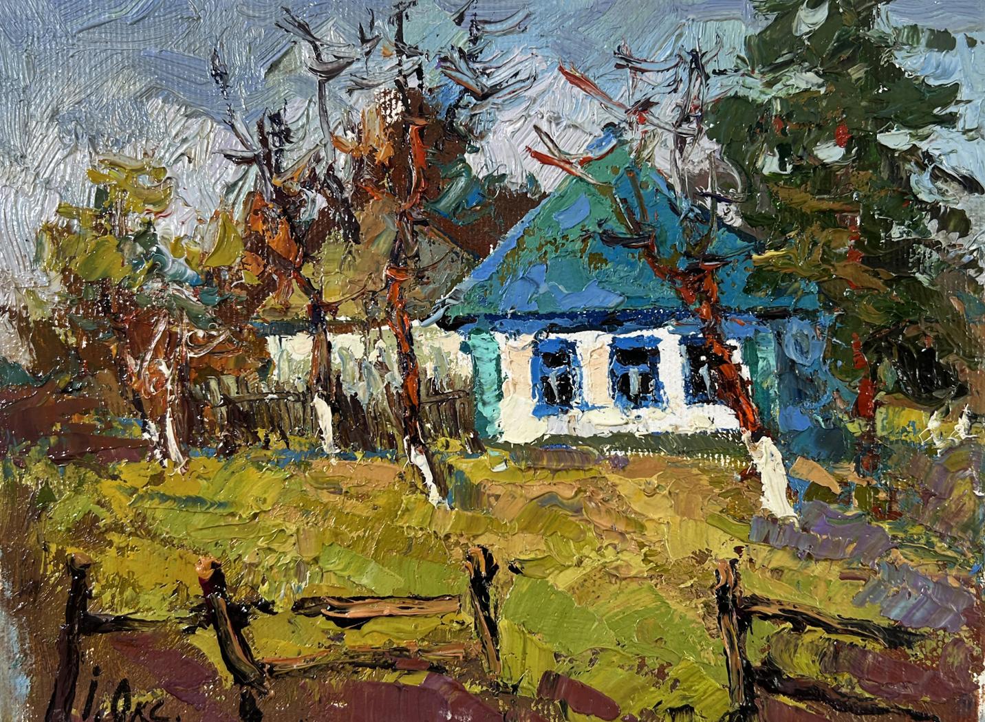 Oil painting Cold March days Oksana Ivanyuk: charming blue house among autumn trees