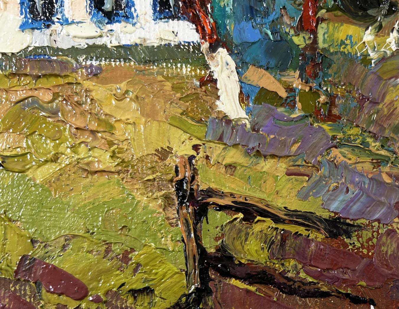 Oil painting Cold March days by Oksana Ivanyuk, textured green yellow brown strokes