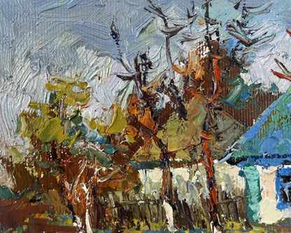 Impasto oil painting Cold March days by Oksana Ivanyuk, autumn trees