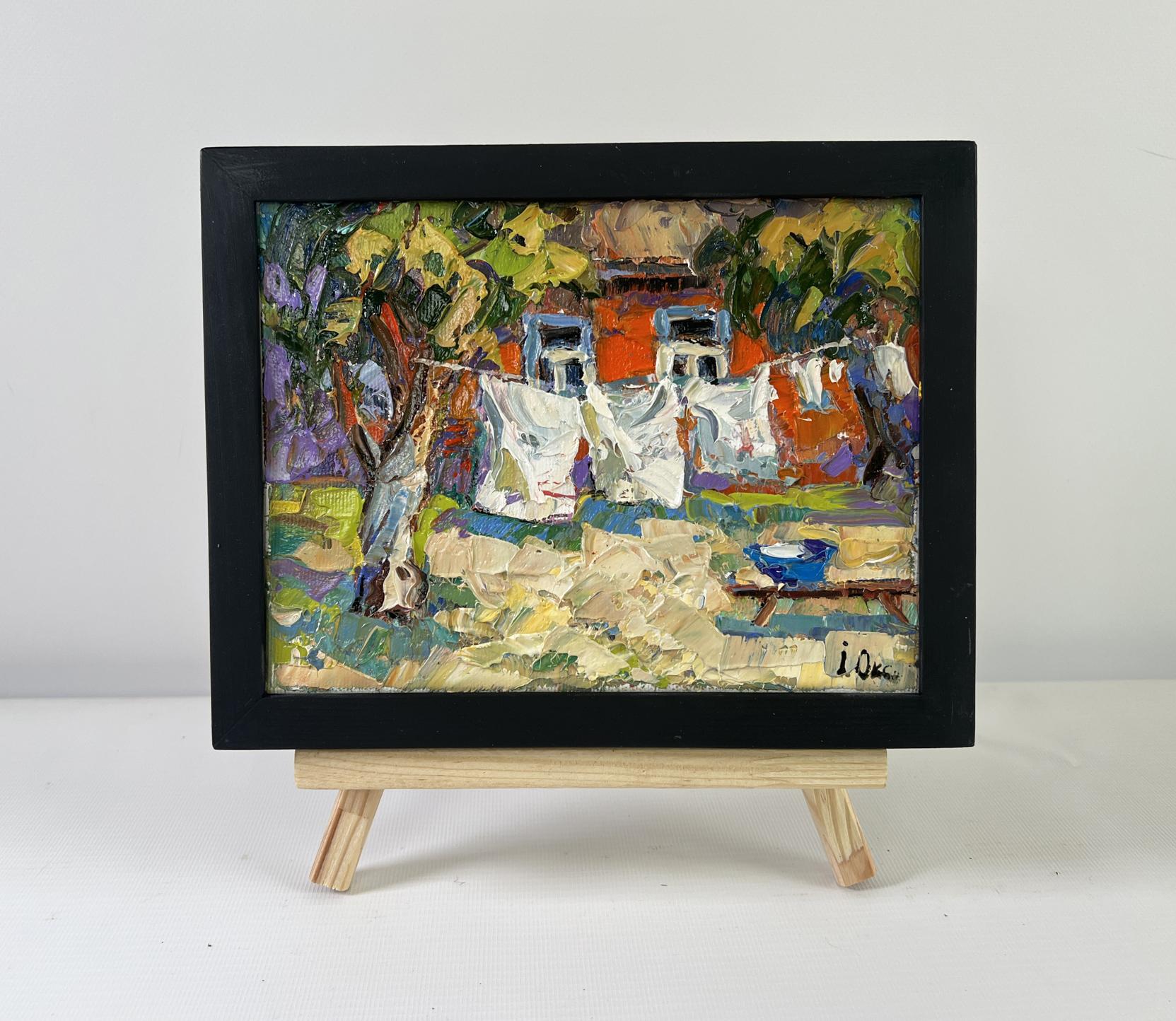 Oil painting Clothes are drying by Oksana Ivanyuk in black frame