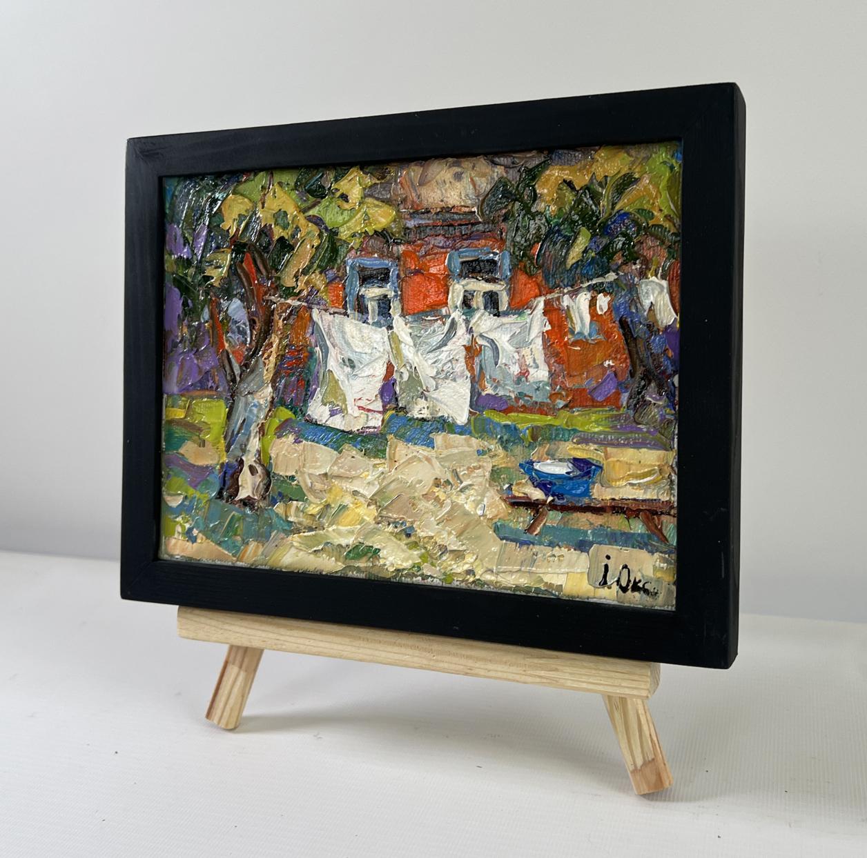 Oil painting Clothes are drying by Oksana Ivanyuk in black frame