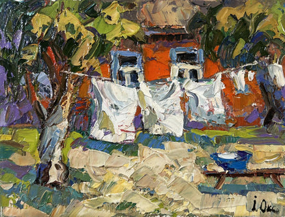 Vibrant oil painting Clothes are drying by Oksana Ivanyuk with clothesline