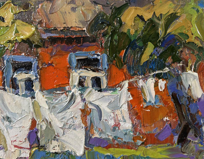 Vibrant impressionist oil painting Clothes are drying by Oksana Ivanyuk