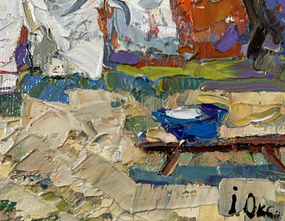 Oil painting Clothes are drying by Oksana Ivanyuk with vibrant textured brushstrokes