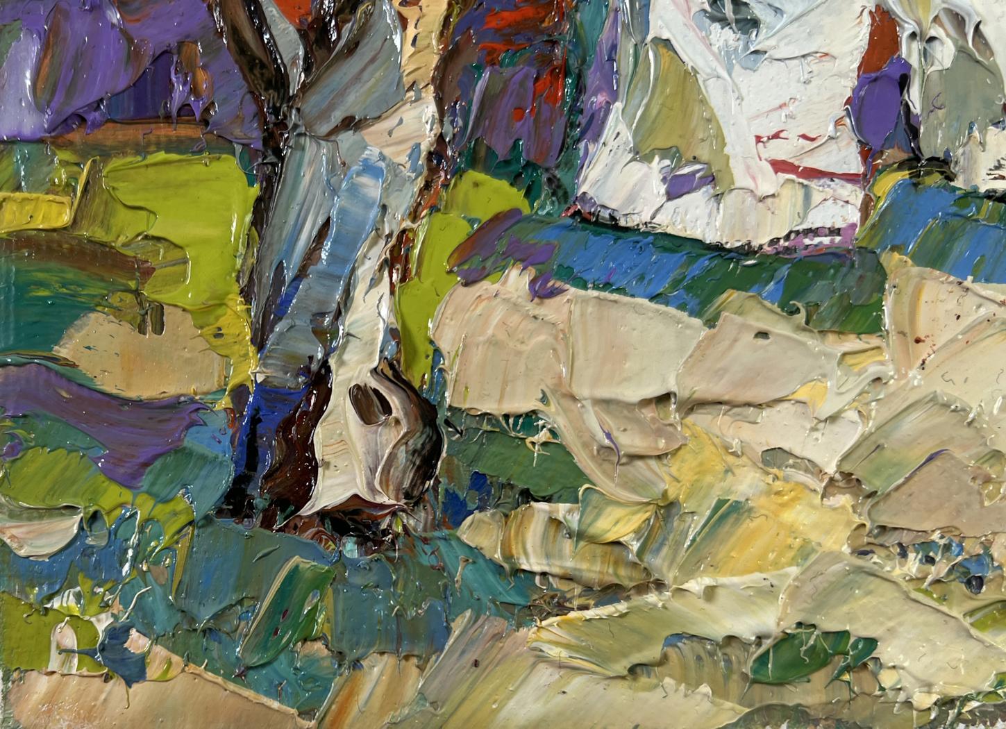 Oil painting Clothes are drying by Oksana Ivanyuk with vibrant green blue strokes