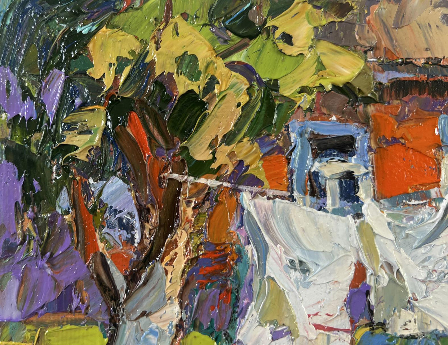 Vibrant impressionist oil painting Clothes are drying by Oksana Ivanyuk