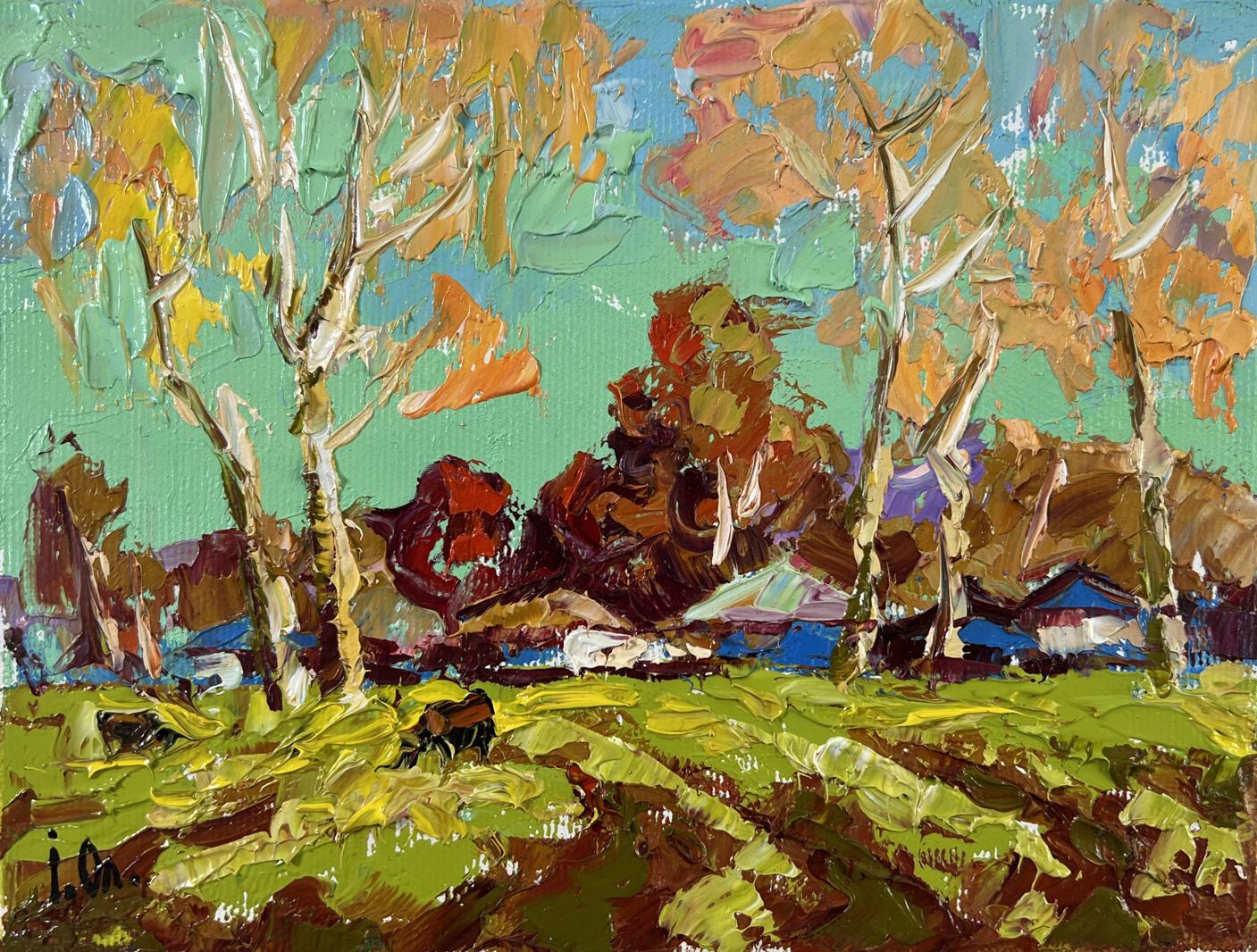 Vibrant impressionist oil painting by Oleksiy Ivanyuk of green spring fields
