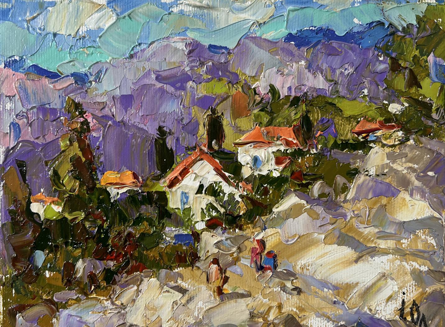 Vibrant impressionist oil painting of Oleksiy Ivanyuk village among purple mountains