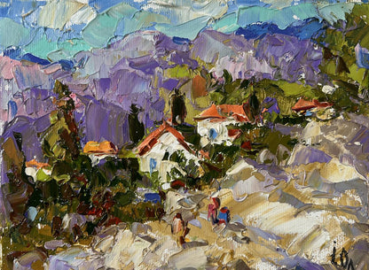 Vibrant impressionist oil painting of Oleksiy Ivanyuk village among purple mountains