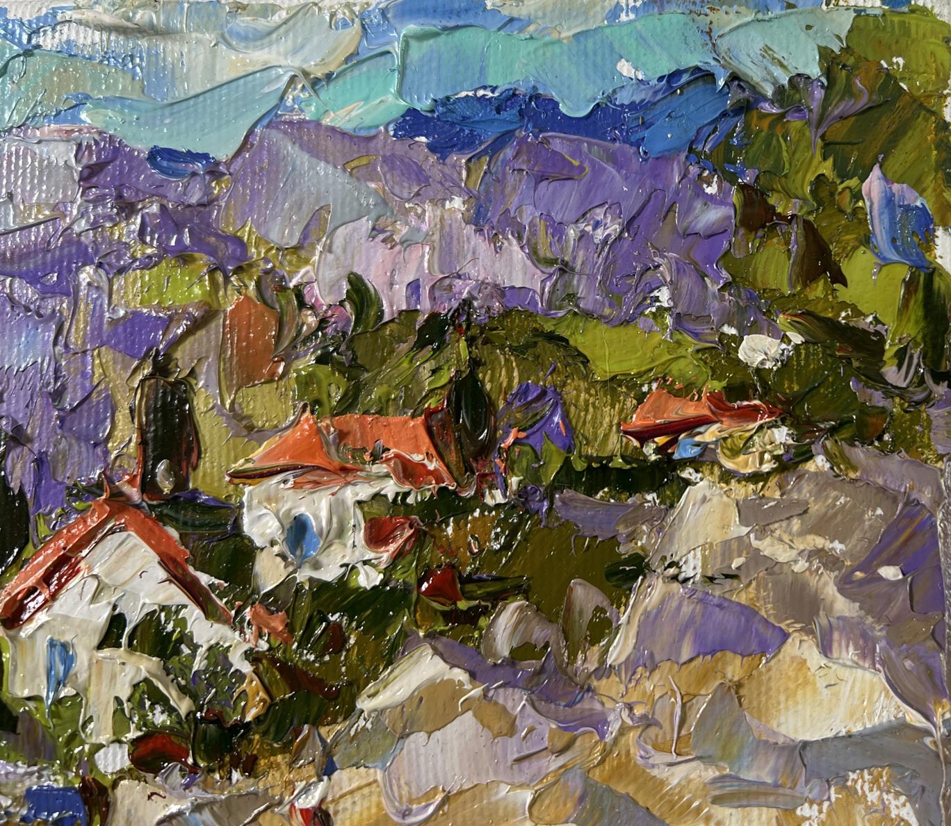 Vibrant impressionist oil painting of village among mountains by Oleksiy Ivanyuk