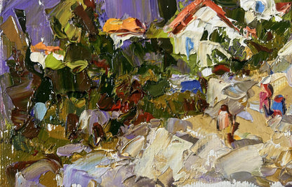 Vibrant oil painting of village among mountains by Oleksiy Ivanyuk