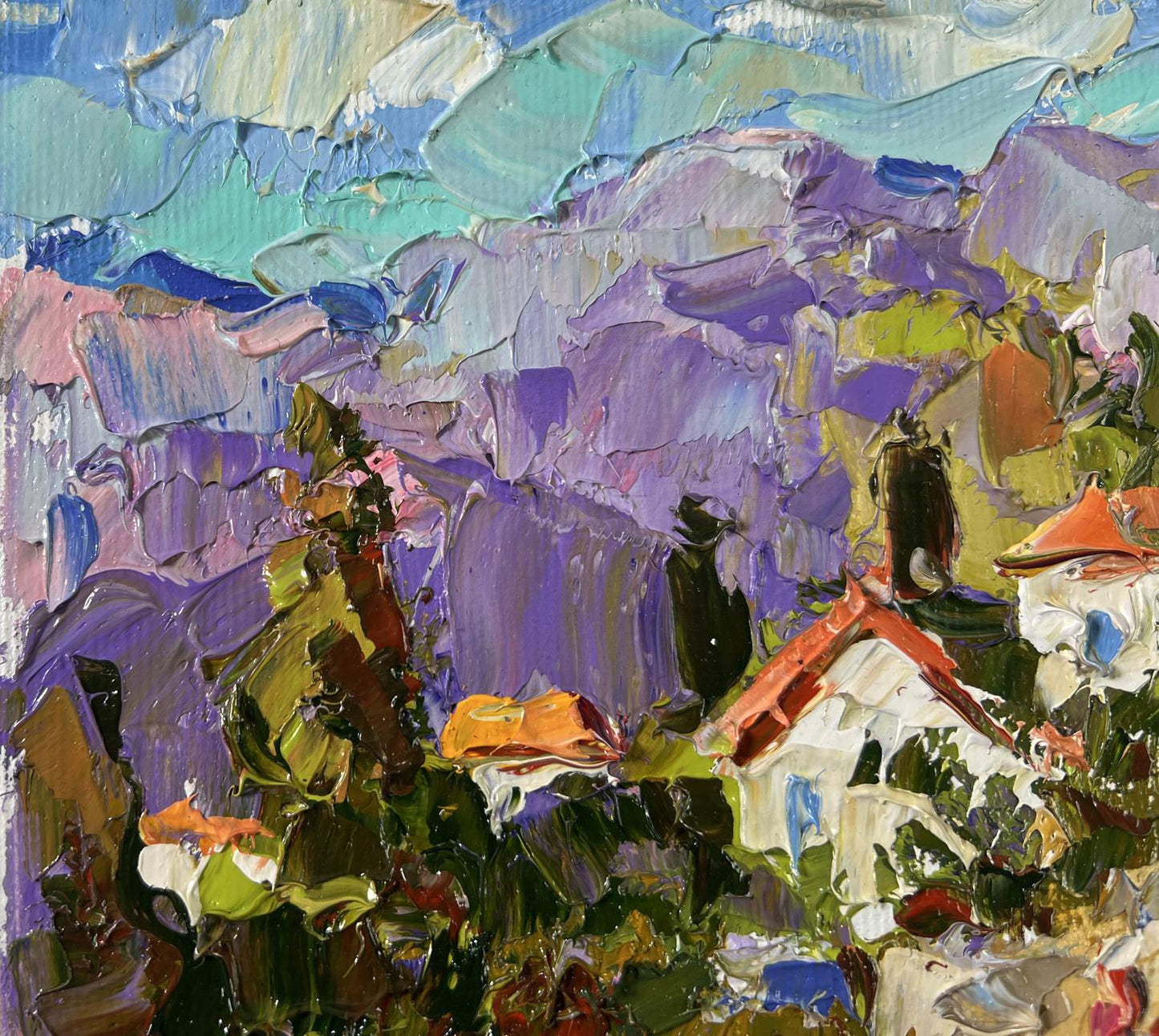 Vibrant impressionist oil painting by Oleksiy Ivanyuk: village in purple green hills