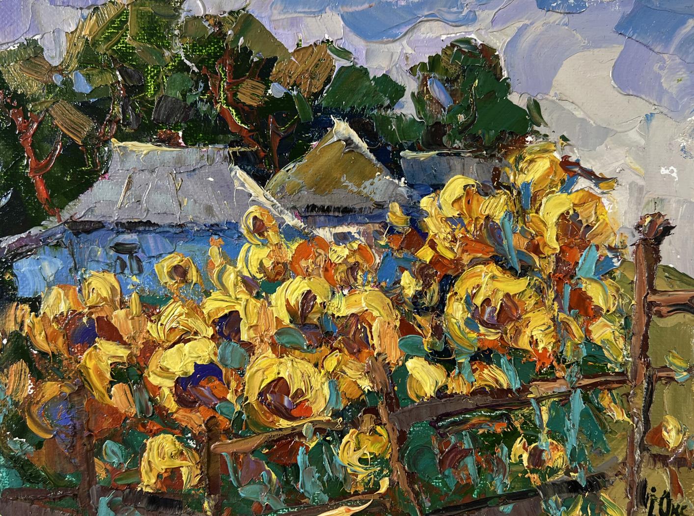 Vibrant yellow sunflowers in impasto by Oksana Ivanyuk oil painting