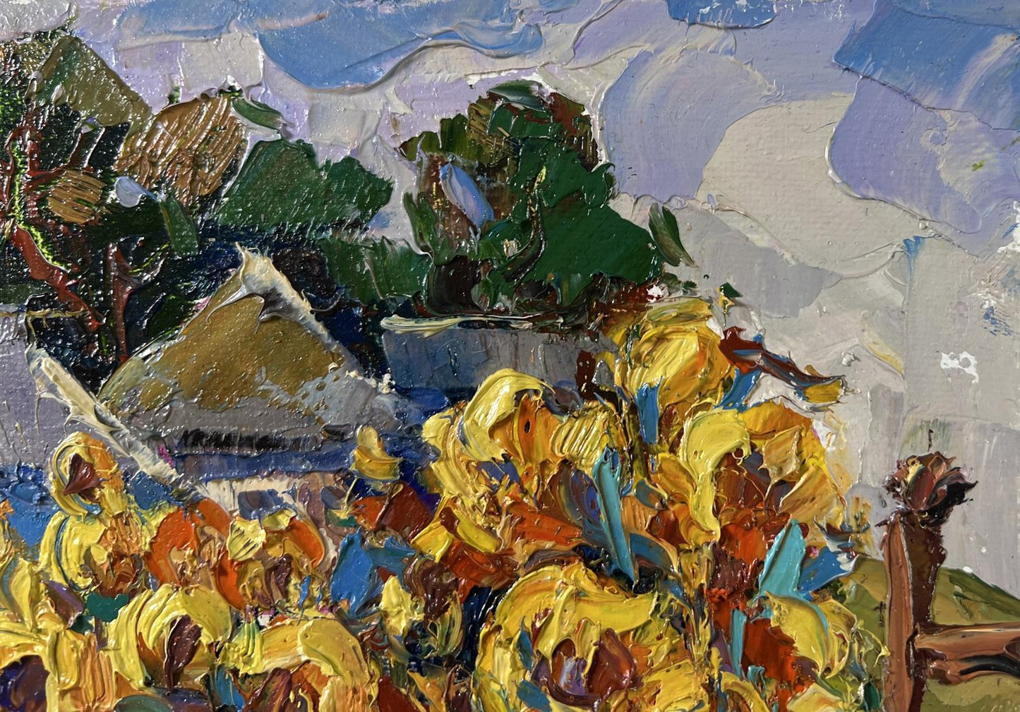 Vibrant yellow sunflowers by Oksana Ivanyuk in textured oil painting