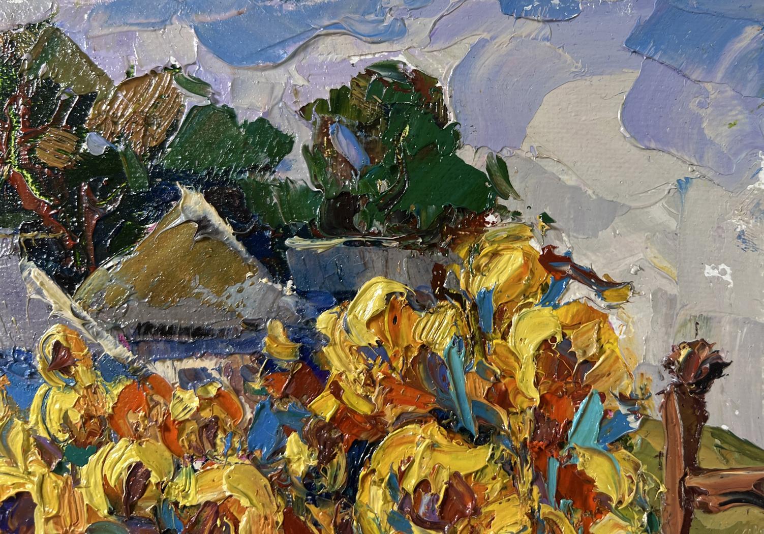 Vibrant yellow sunflowers by Oksana Ivanyuk in textured oil painting
