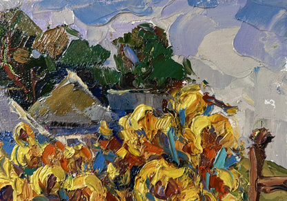 Vibrant yellow sunflowers by Oksana Ivanyuk in textured oil painting
