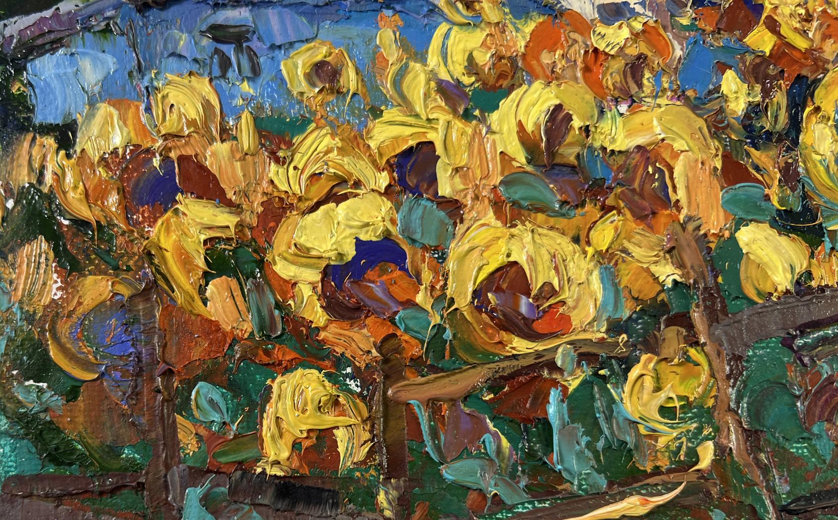 Vibrant impressionist oil painting of Oksana Ivanyuk sunflower gardens