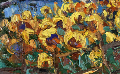 Vibrant impressionist oil painting of Oksana Ivanyuk sunflower gardens
