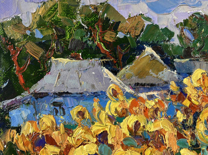 Vibrant impressionistic sunflower gardens village by Oksana Ivanyuk
