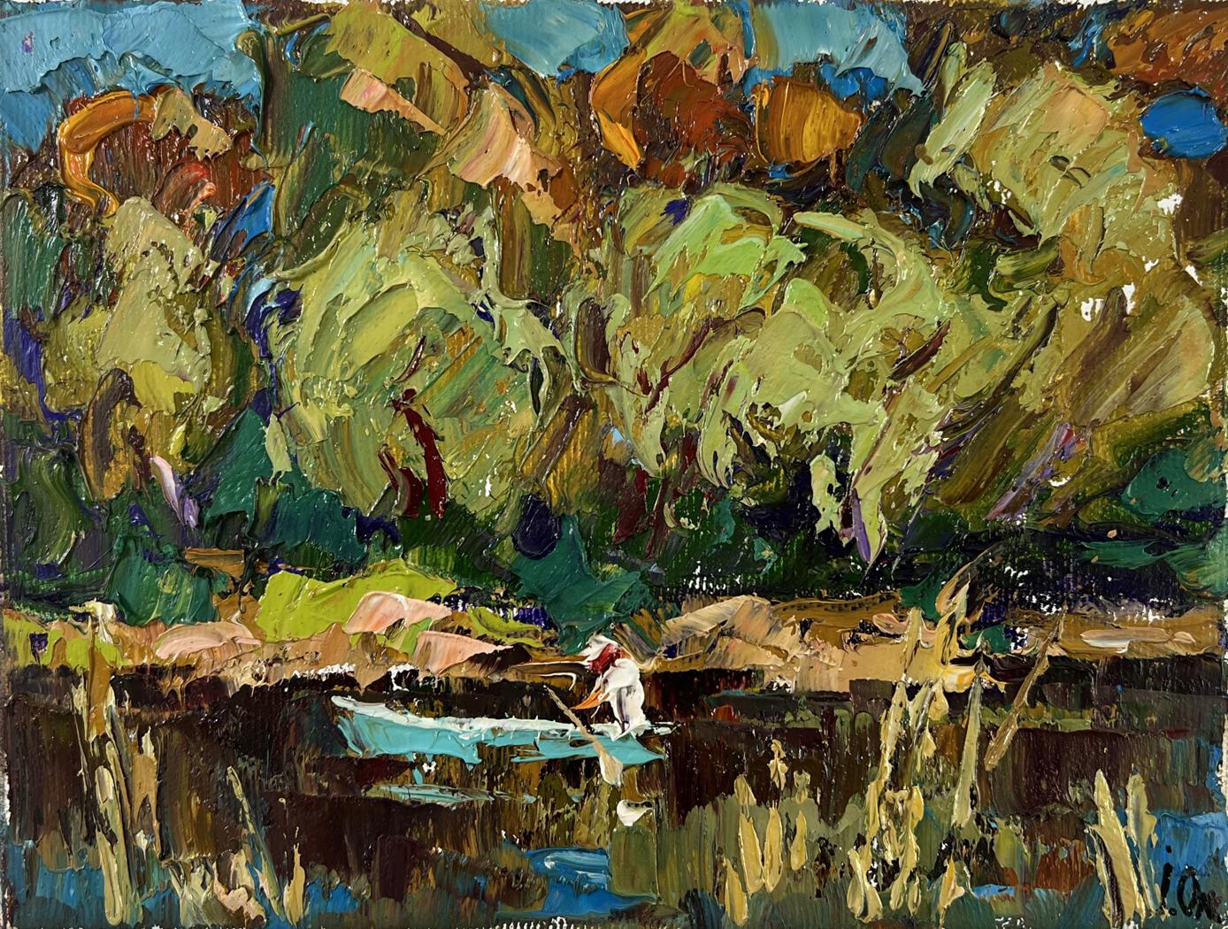 Oil painting Summer day by the river by Oksana Ivanyuk small white boat