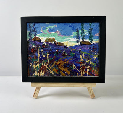 Oil painting Evening in the village by Oleksiy Ivanyuk in black frame