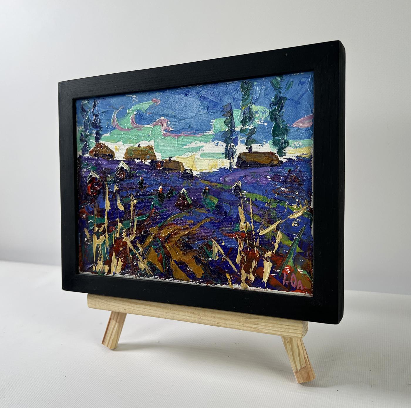 Oil painting Evening in the village by Oleksiy Ivanyuk in black frame