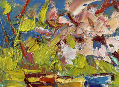 Vibrant Time for Easter oil painting by Oleksiy Ivanyuk with textured green, blue, pink, yellow strokes