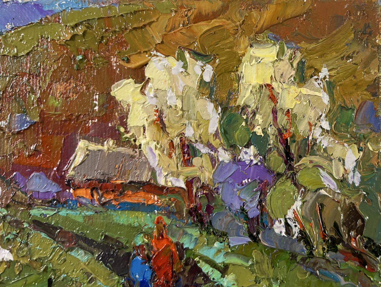 Impasto oil painting Path to the village by Oksana Ivanyuk: rustic house among blossoming trees