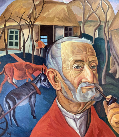 Oil painting of elderly man in red jacket by Victor Konotopsky, based on Boris Grigoriev