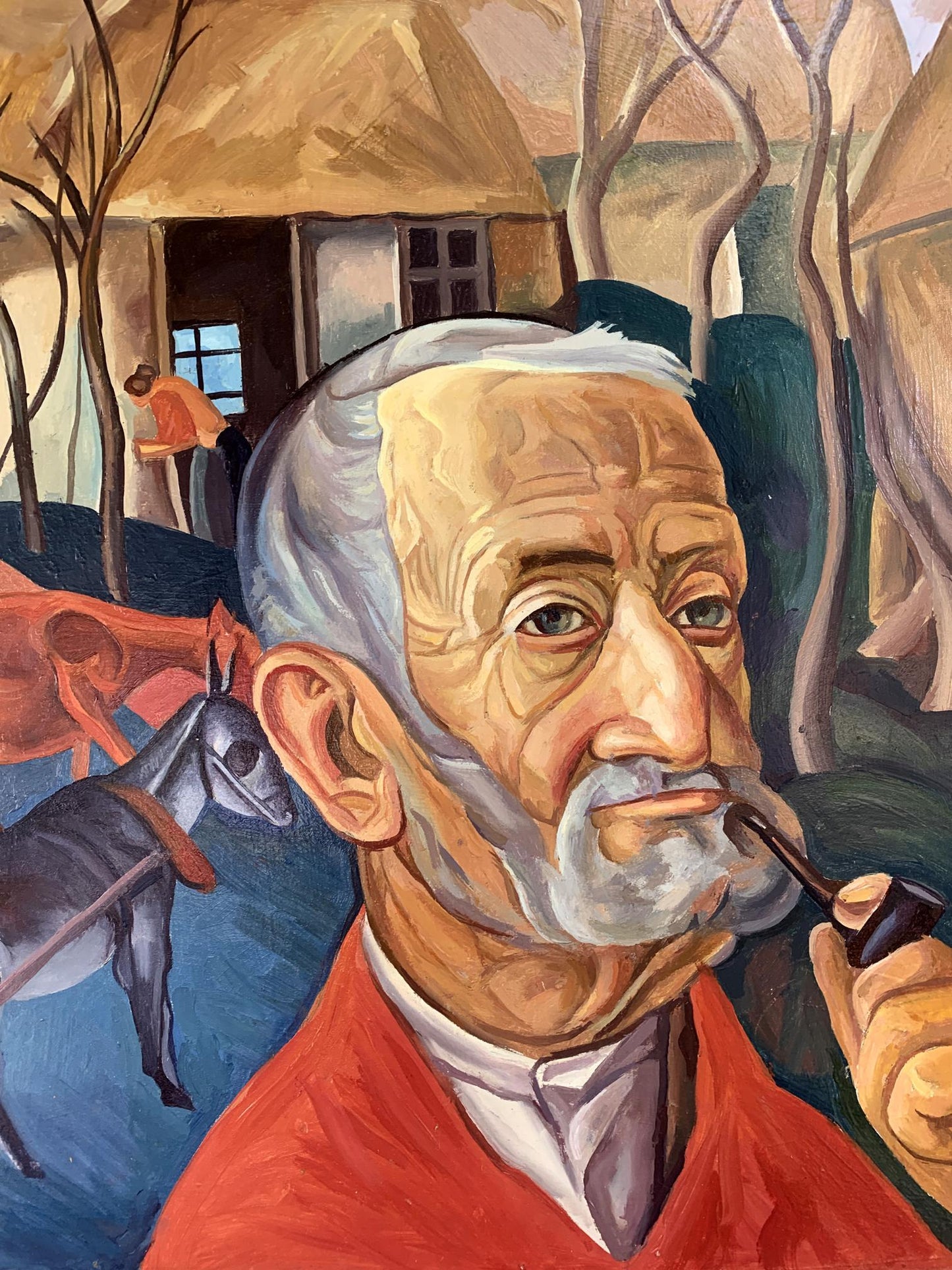 Oil painting of elderly man in red jacket by Victor Konotopsky, based on Boris Grigoriev