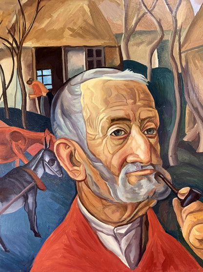 Oil painting of elderly man in red jacket by Victor Konotopsky, based on Boris Grigoriev