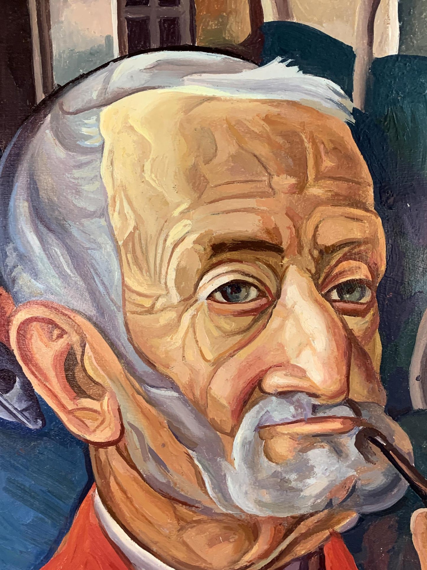 Oil painting of elderly man in red jacket by Victor Konotopsky, after Boris Grigoriev