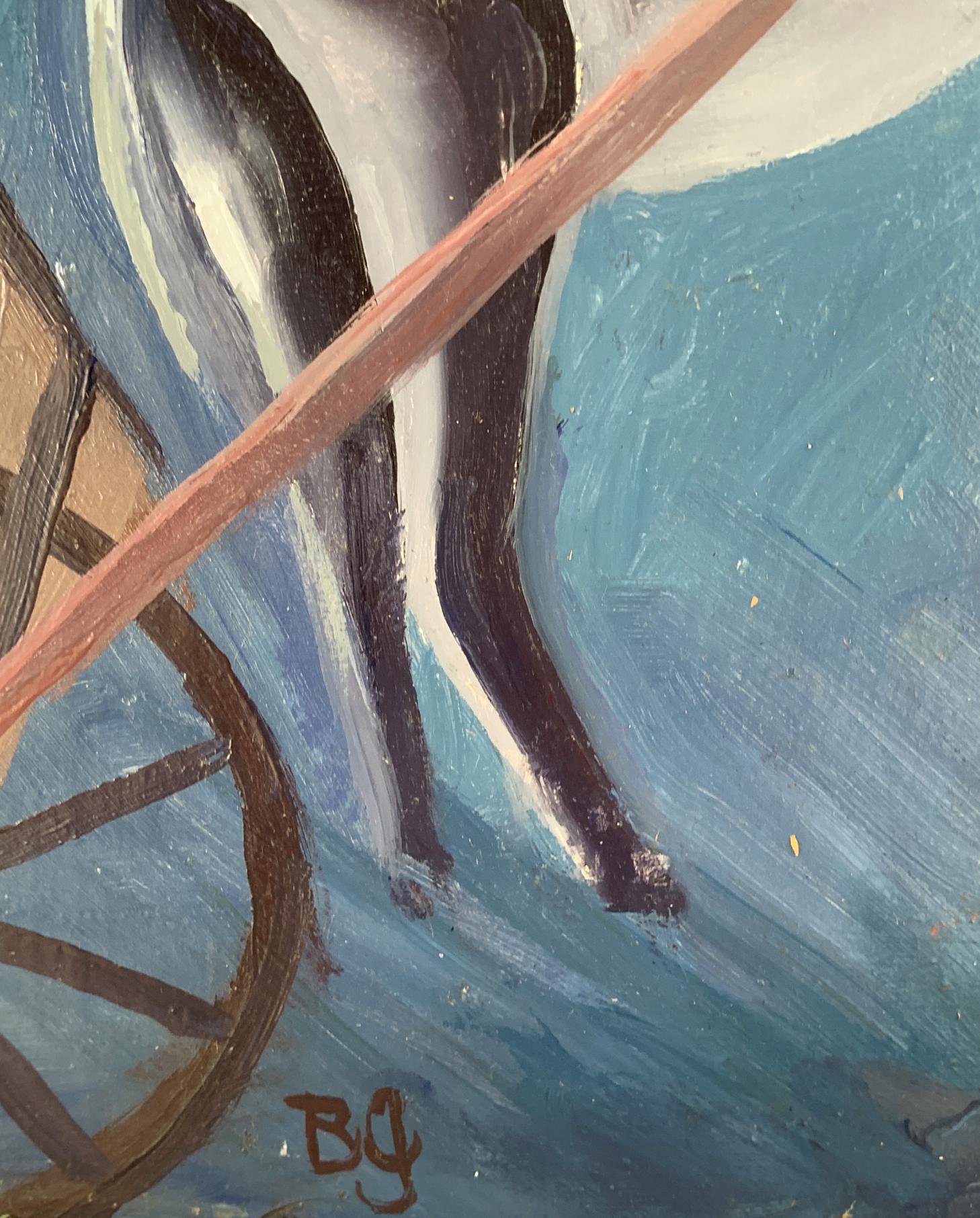 Oil painting of black and white horse legs with blue brushstrokes, Man in red jacket by Victor Konotopsky
