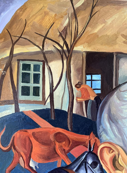 Oil painting of man in red jacket with thatched house, dog, horse by Victor Konotopsky