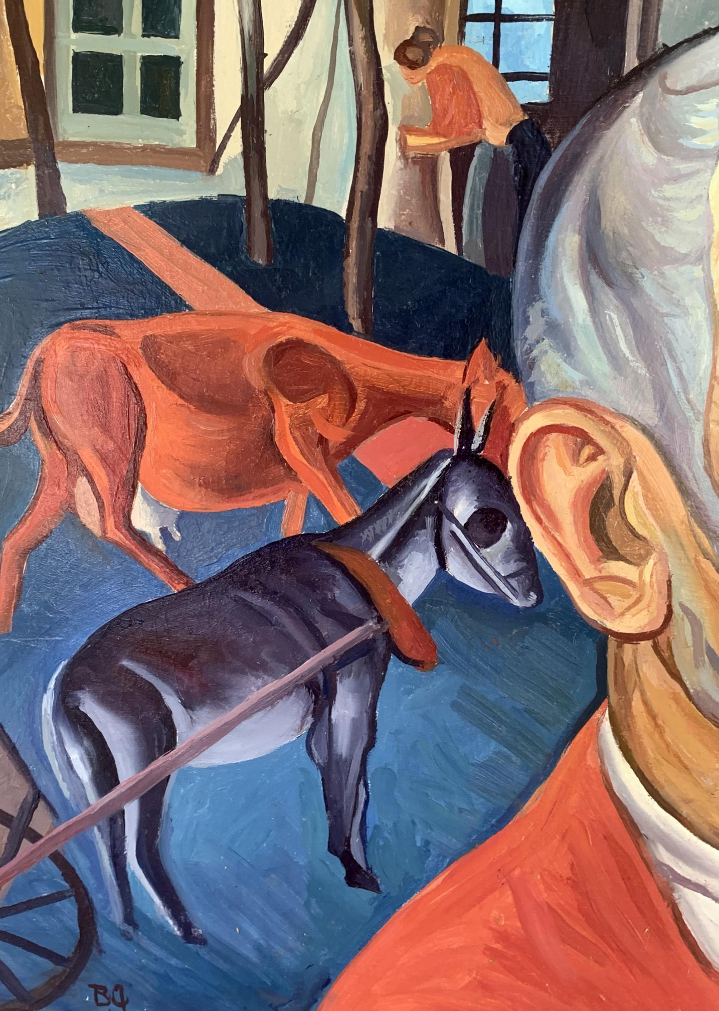 Oil painting of man in red jacket by Victor Konotopsky with donkey and cow