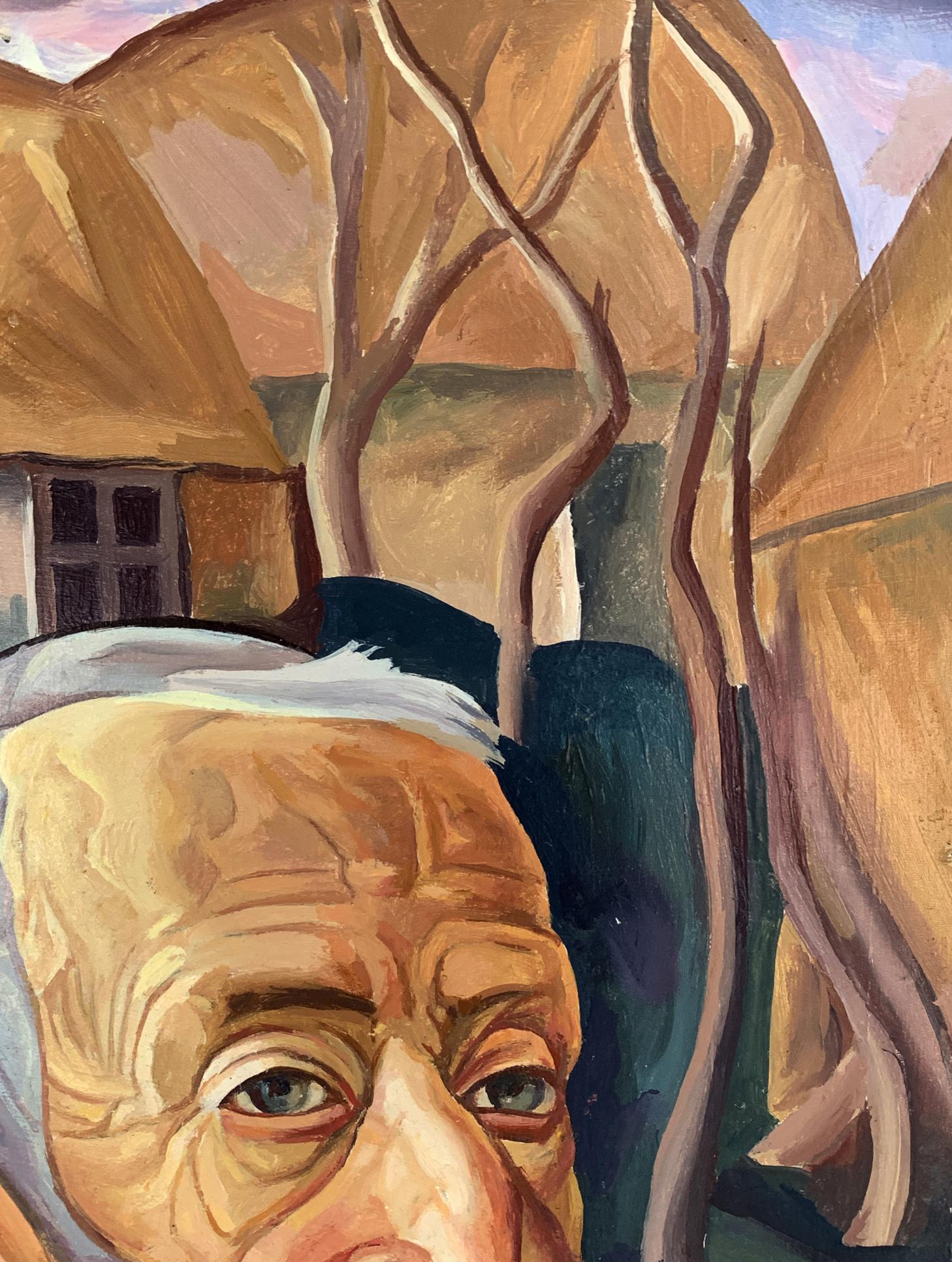 Close-up oil painting of elderly man in red jacket by Victor Konotopsky