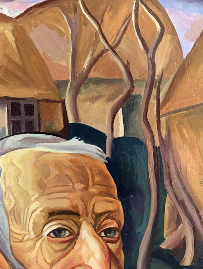 Close-up oil painting of elderly man in red jacket by Victor Konotopsky