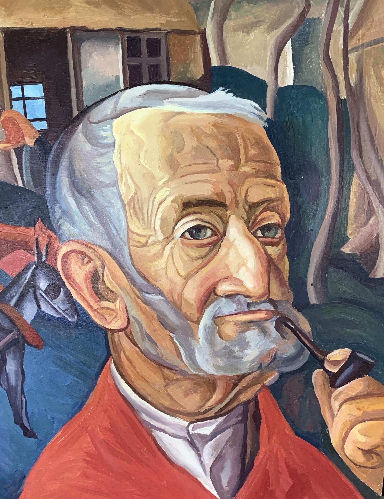 Oil painting of elderly man in red jacket by Victor Konotopsky, based on Boris Grigoriev