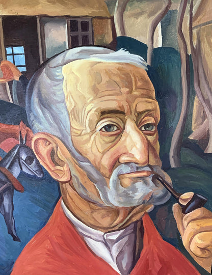 Oil painting of elderly man in red jacket by Victor Konotopsky, based on Boris Grigoriev