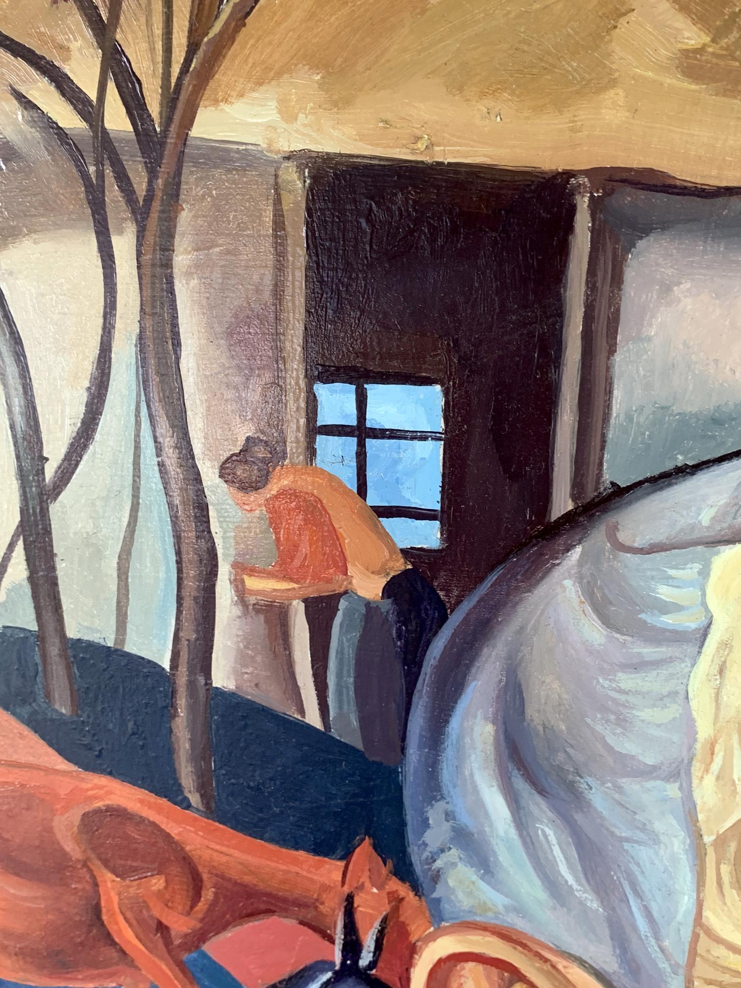 Oil painting of man in red jacket by Victor Konotopsky, bending near blue window