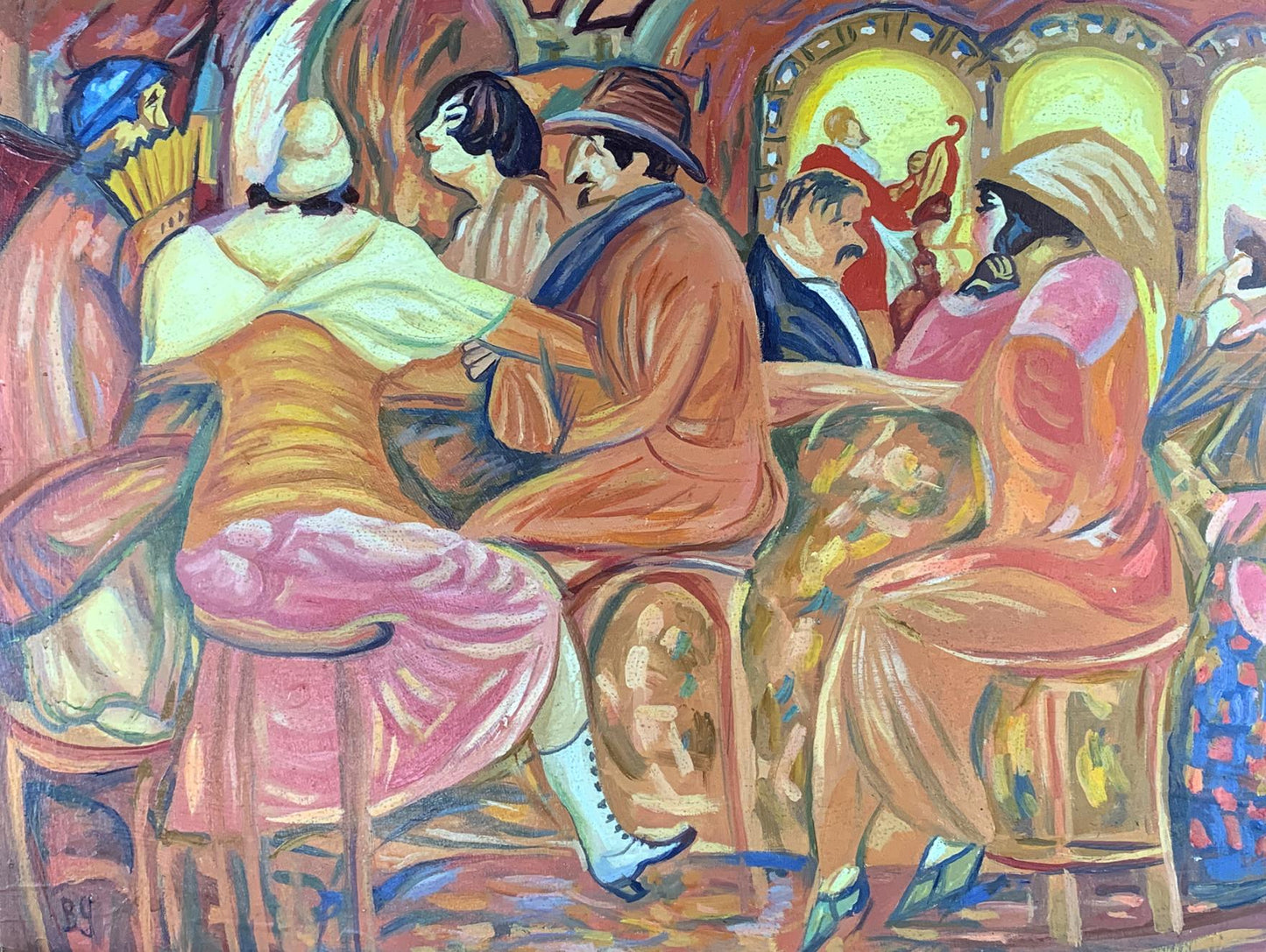 Vibrant orange pink dress inspired by Boris Grigoriev oil painting