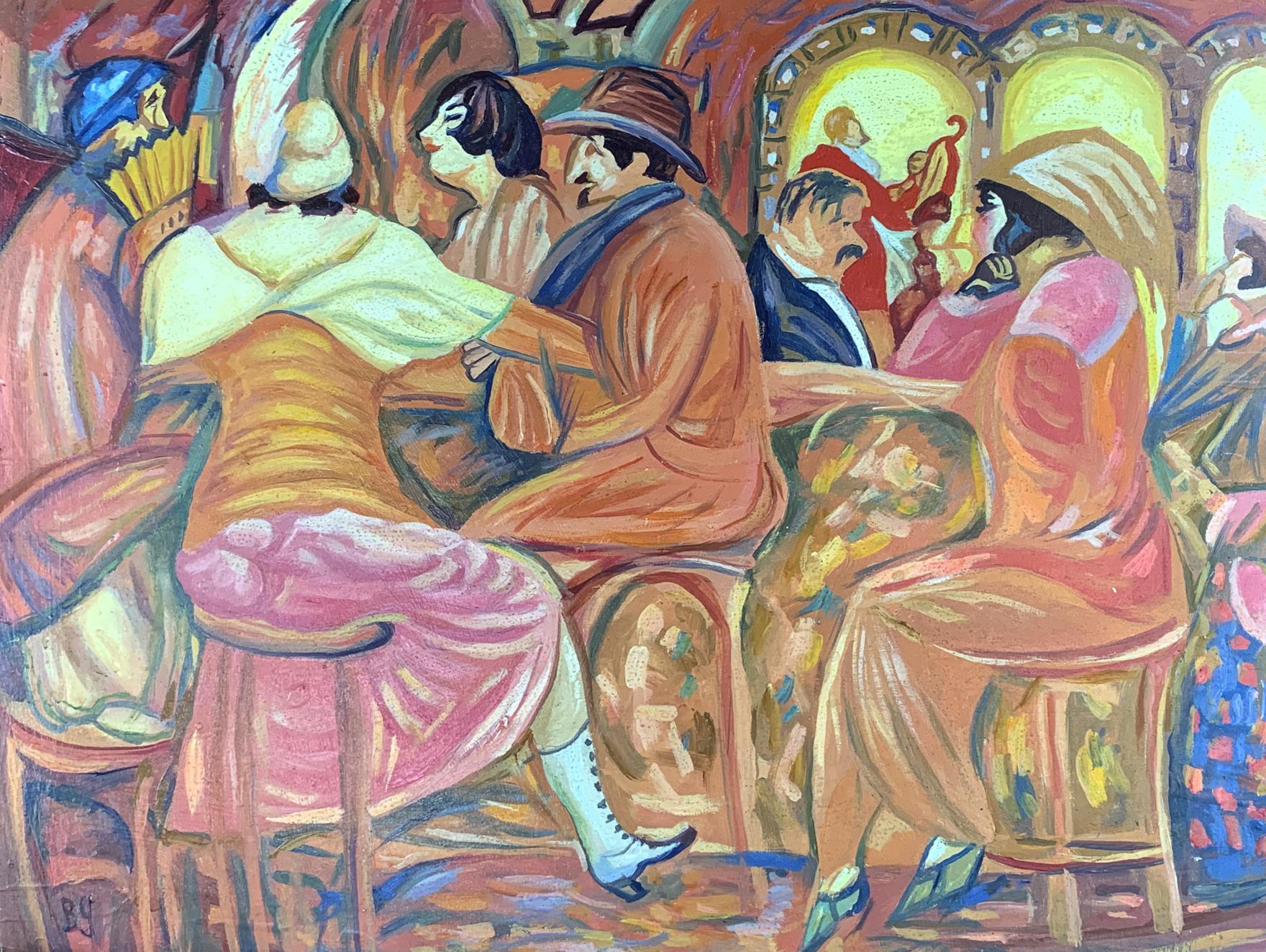 Vibrant orange pink dress inspired by Boris Grigoriev oil painting