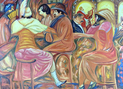 Vibrant 1920s jazz club oil painting by Victor Konotopsky, Boris Grigoriev style