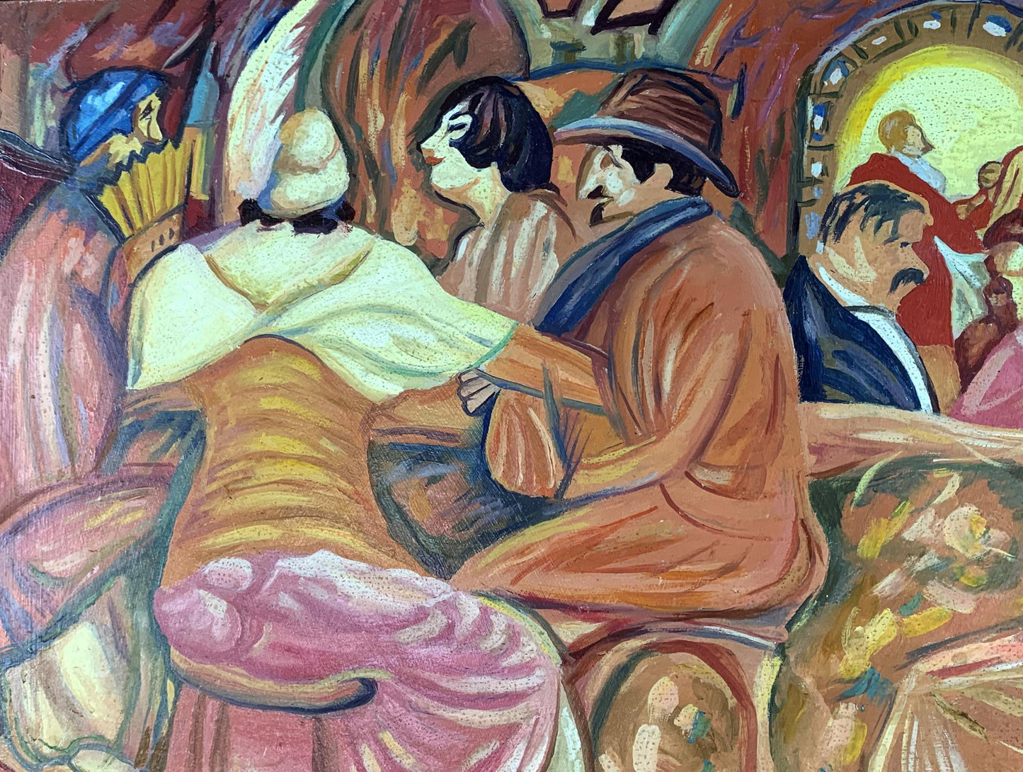 Vibrant oil painting of French cafe by Victor Konotopsky, based on Boris Grigoriev