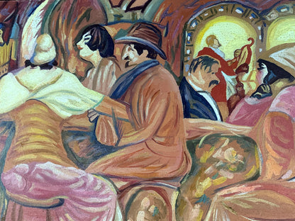 Vibrant impressionist oil painting of French cafe by Victor Konotopsky, based on Boris Grigoriev