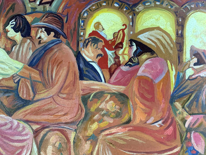 Vibrant oil painting of French cafe by Victor Konotopsky, based on Boris Grigoriev